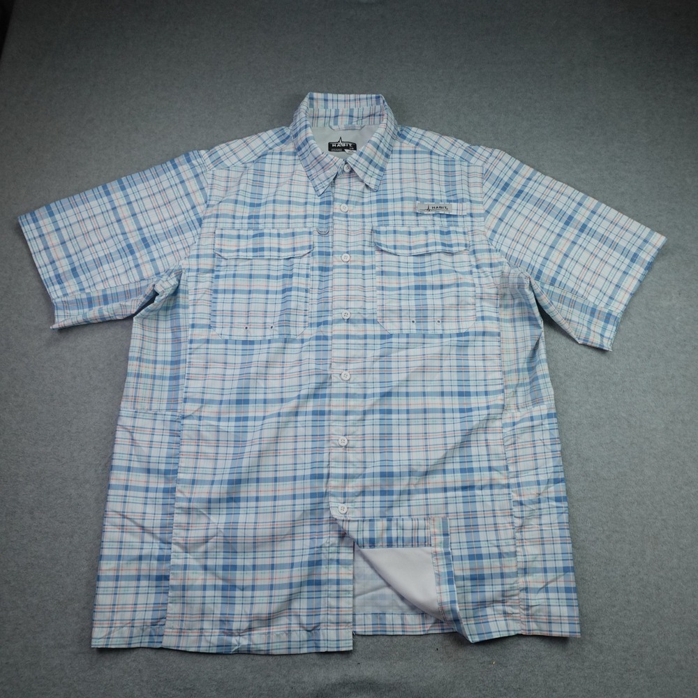 Habit Shirt Mens Large Blue Plaid Fishing Outdoor Short Sleeve